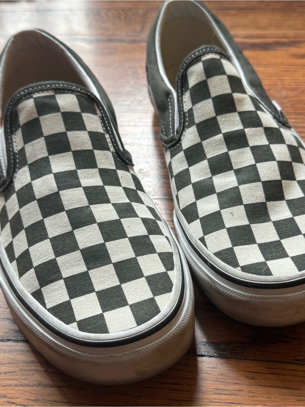 Green and White Checkered Vans Slip On